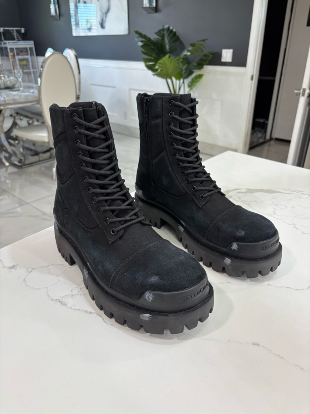 Balenciaga Black Suede Lug-Sole Combat Boots